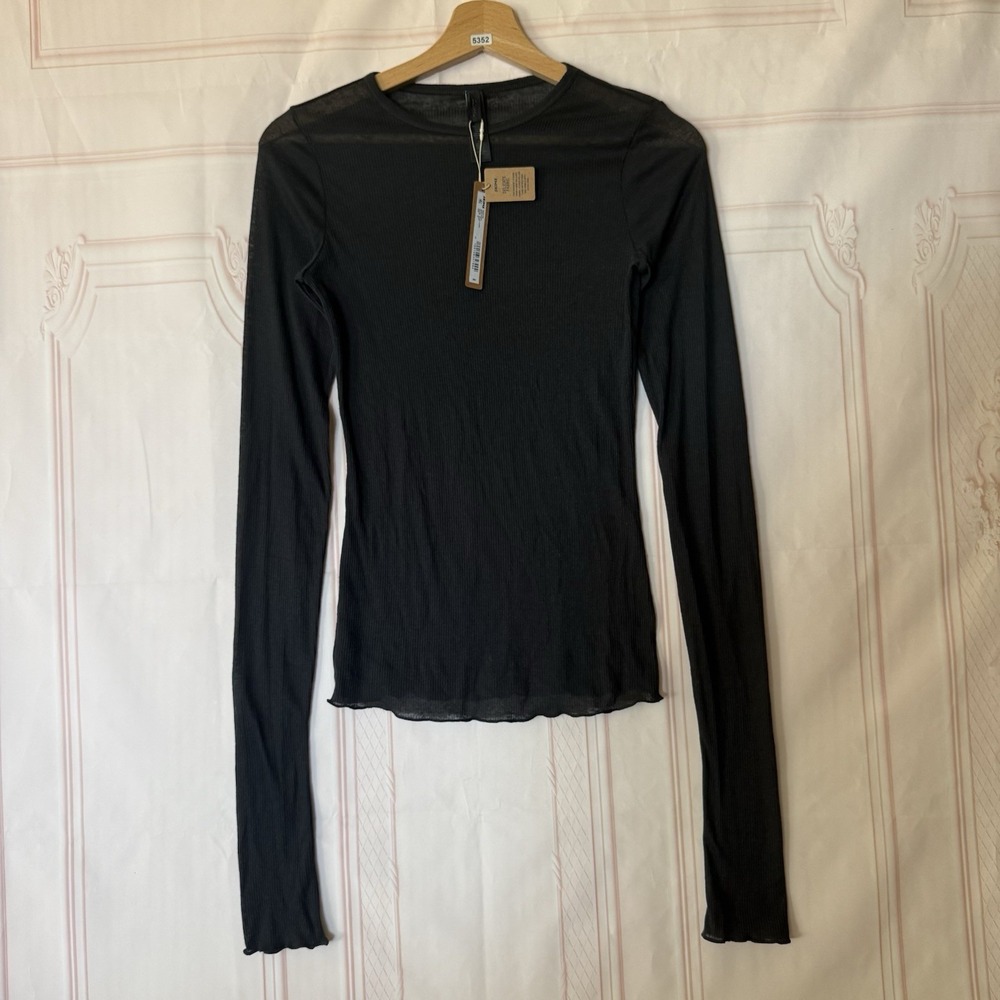 Skims Sheer Rib Long Sleeve In Soot Black Size M NWT $64
